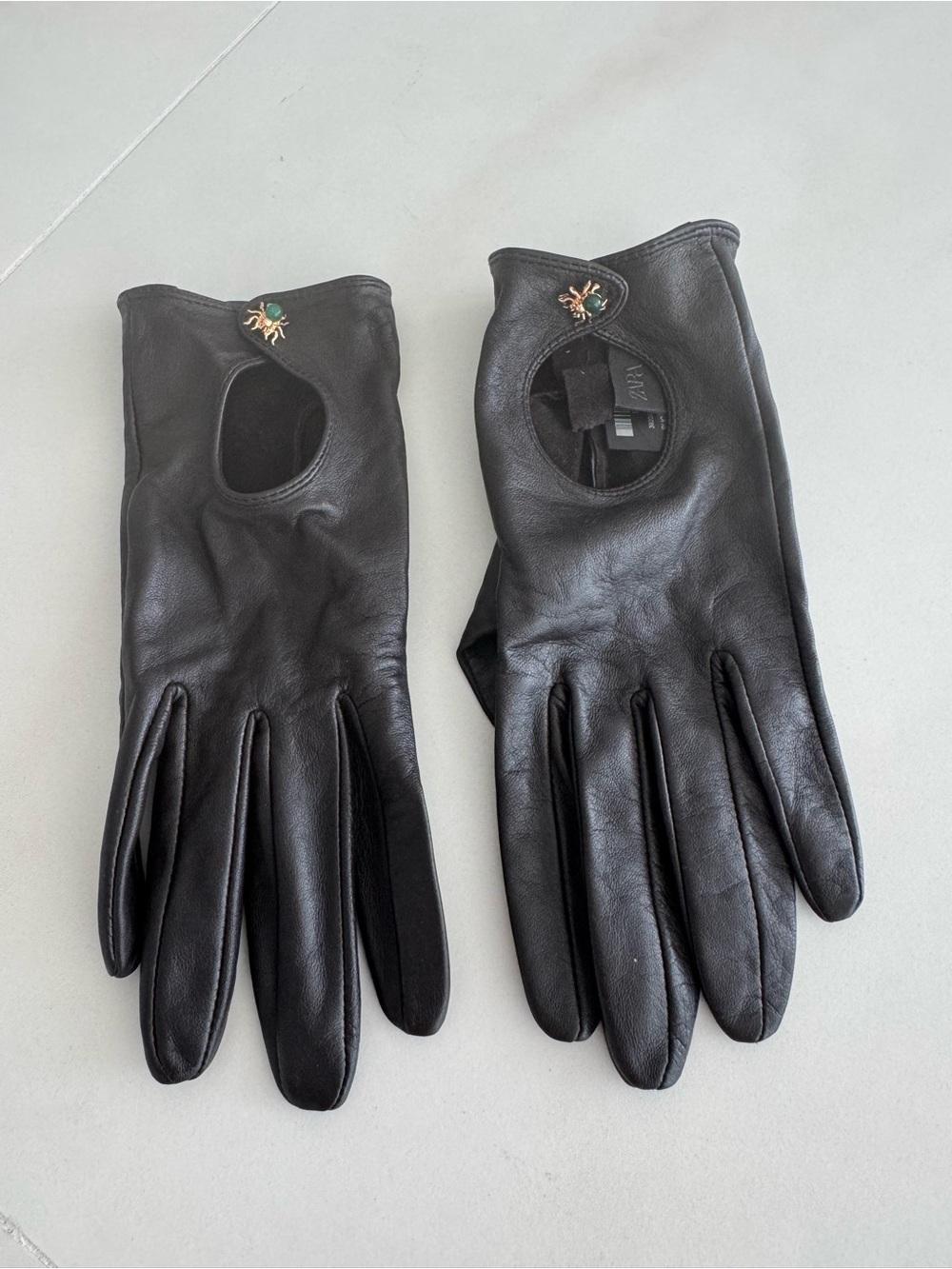 Zara Black Leather Driving Gloves with Green Accent Button purchased in Paris